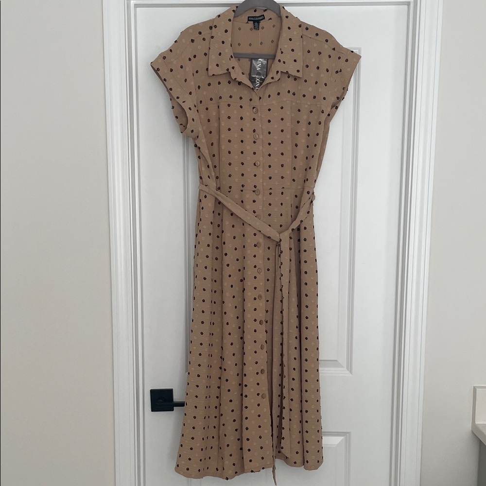 Nina Leonard Tan Polka Dot Midi Dress
